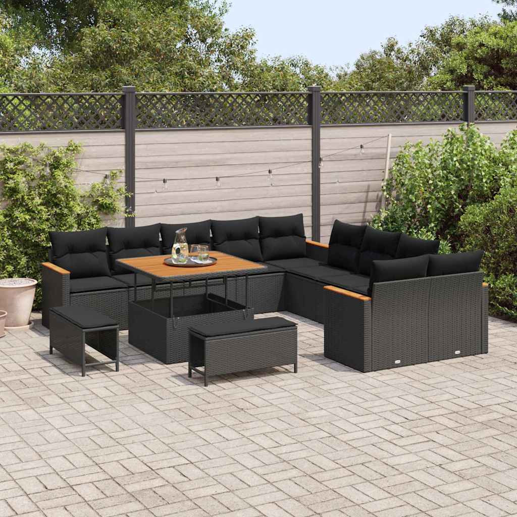 Garten-Sofa-Set mit Kissen mit Speicher Schwarz Poly Rattan